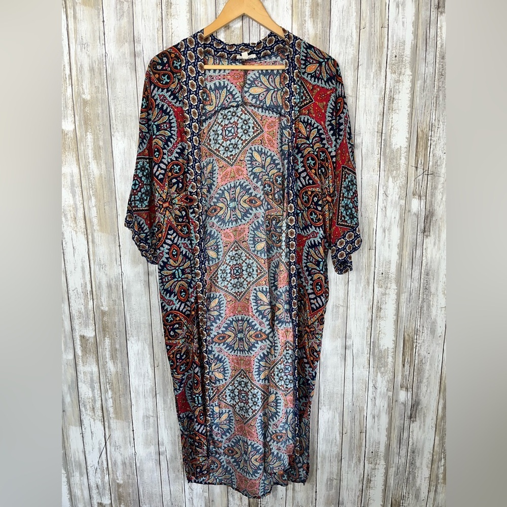 Oddy Boho Long Kimono With Pockets Navy Orange Red S/M Women’s - Picture 1 of 6